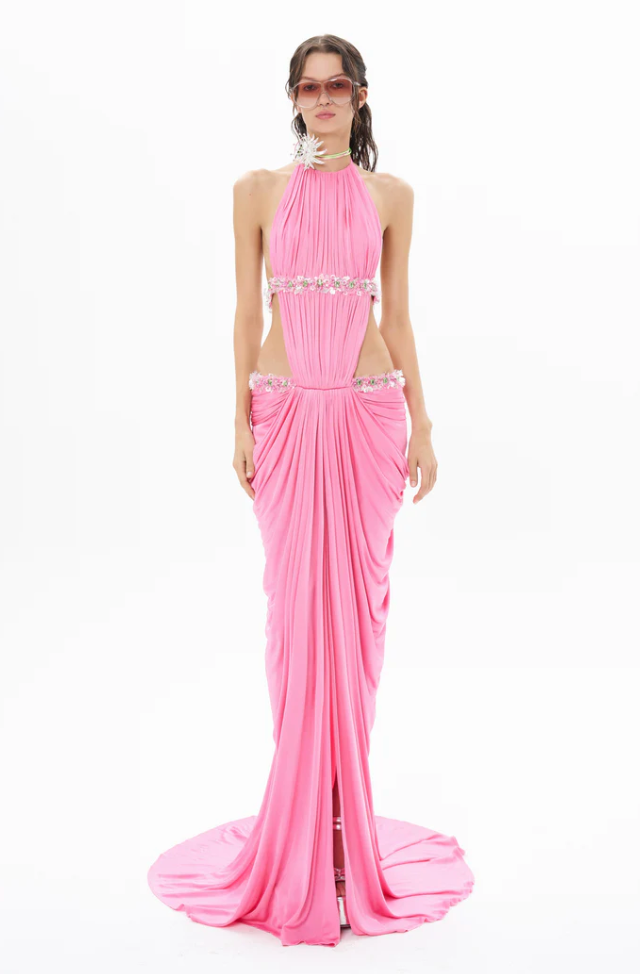 Halter Neck Draped Maxi Dress Embellished with Sequins