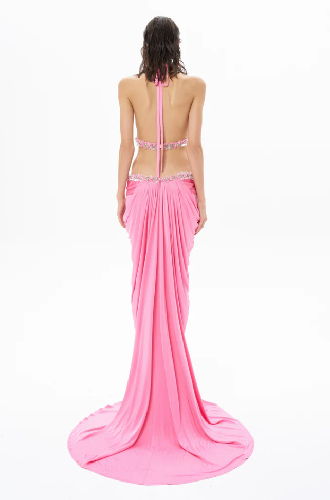 Halter Neck Draped Maxi Dress Embellished with Sequins